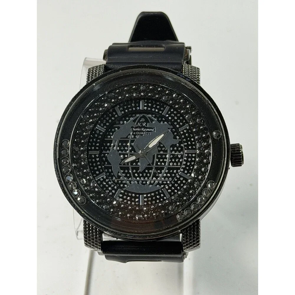 Charles Raymond CR 1676 Black Quartz Watch 52mm Crystal Dial New Battery Works
